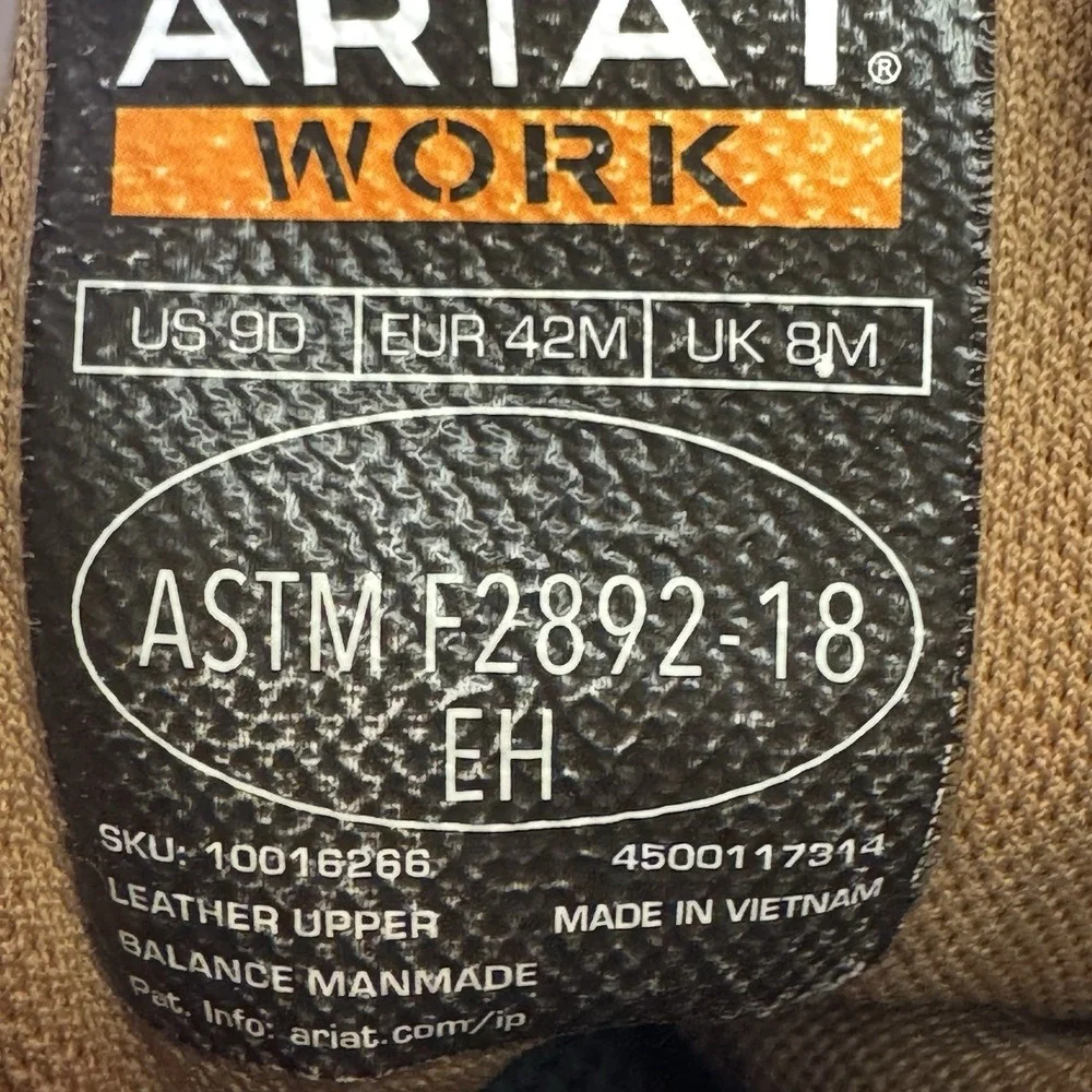 Size 9 - Ariat Men's Brown Leather Lace Up Work Boots Soft Toe 10016266